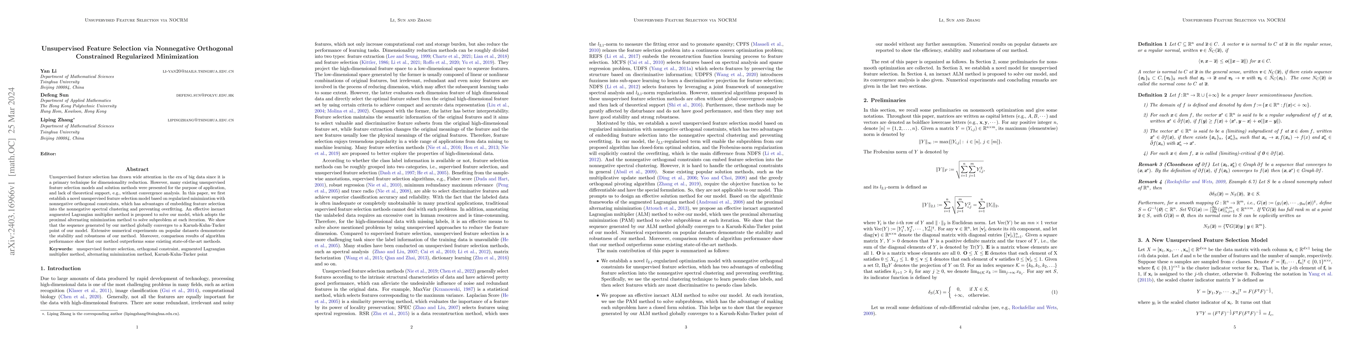 Thumbnail for Unsupervised Feature Selection via Nonnegative Orthogonal Constrained
  Regularized Minimization