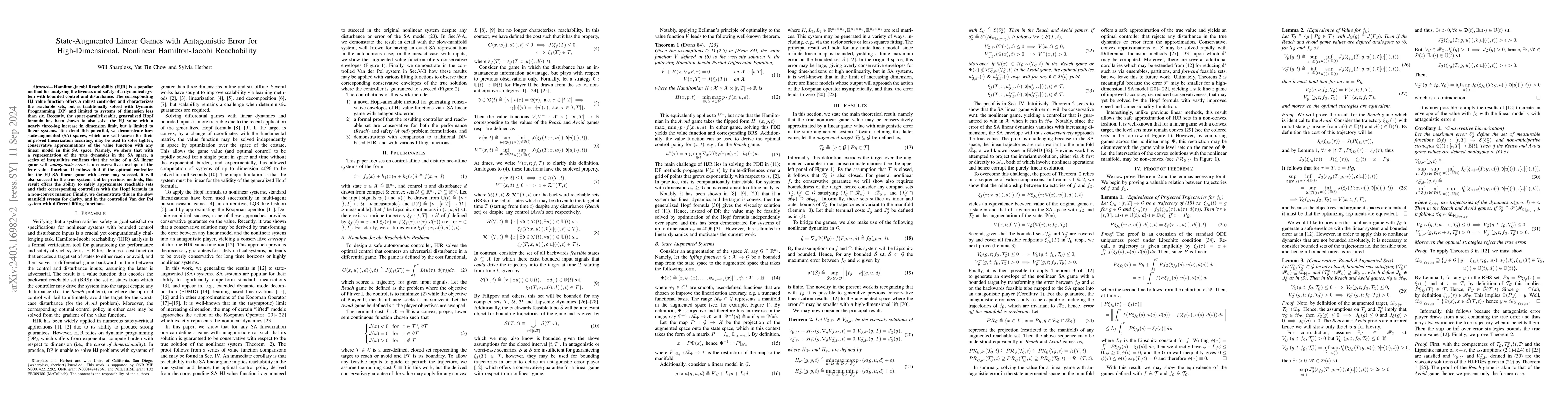 Thumbnail for State-Augmented Linear Games with Antagonistic Error for
  High-Dimensional, Nonlinear Hamilton-Jacobi Reachability