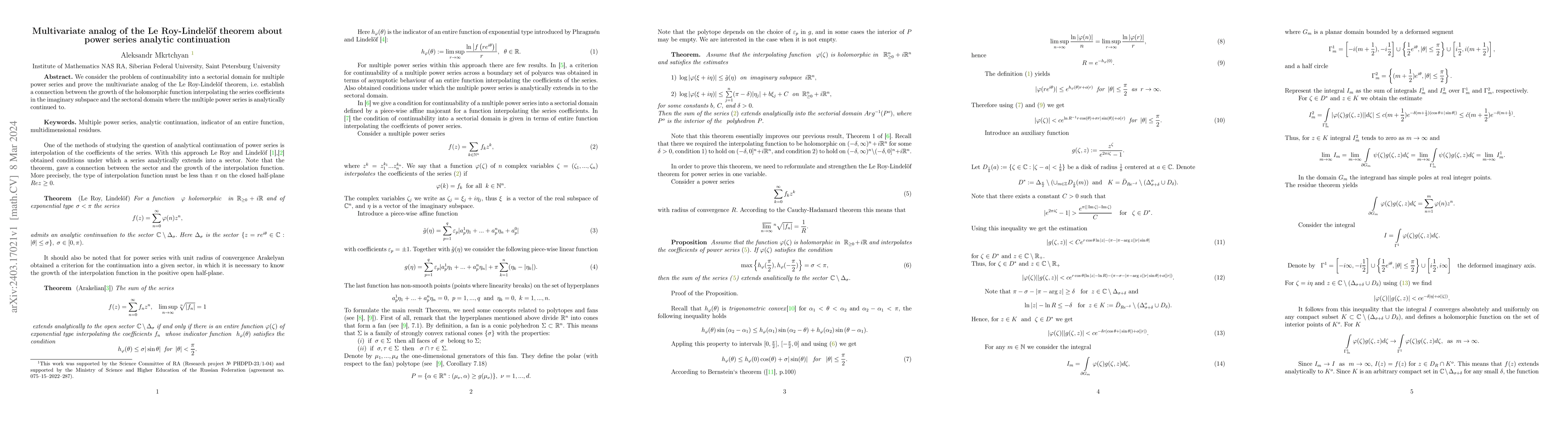 Thumbnail for Multivariate analog of the Le Roy-Lindel\"of theorem about power series
  analytic continuation