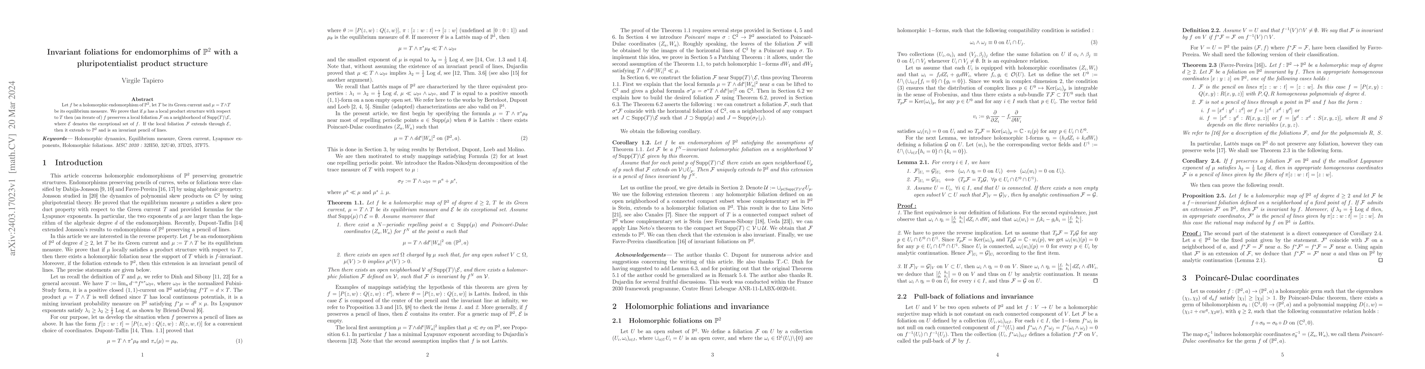 Thumbnail for Invariant foliations for endomorphims of $\mathbb{P}^2$ with a
  pluripotentialist product structure