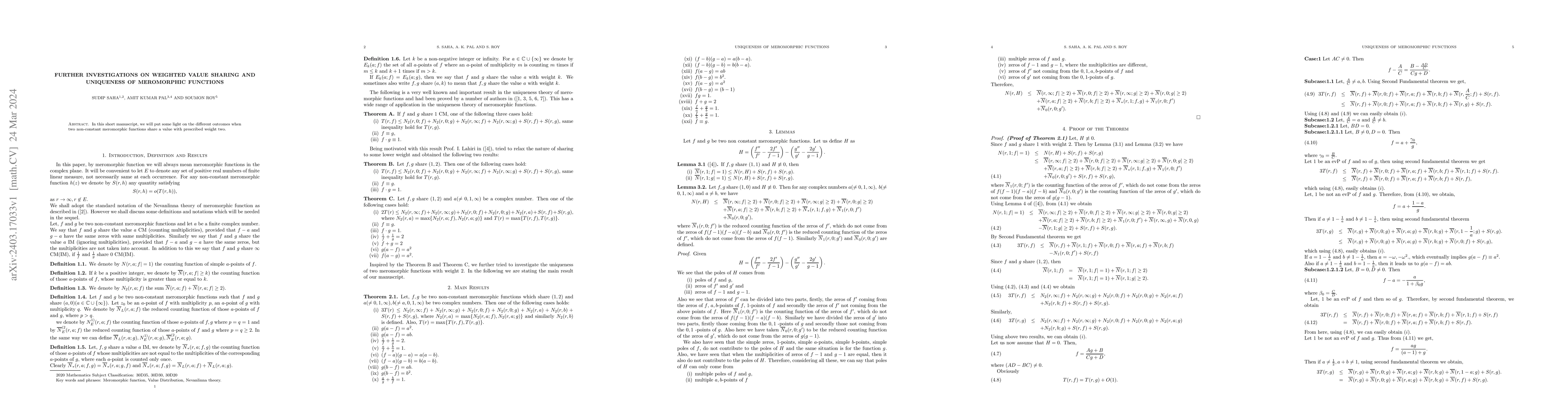 Thumbnail for Further Investigations on Weighted Value Sharing and Uniqueness of
  Meromorphic Functions
