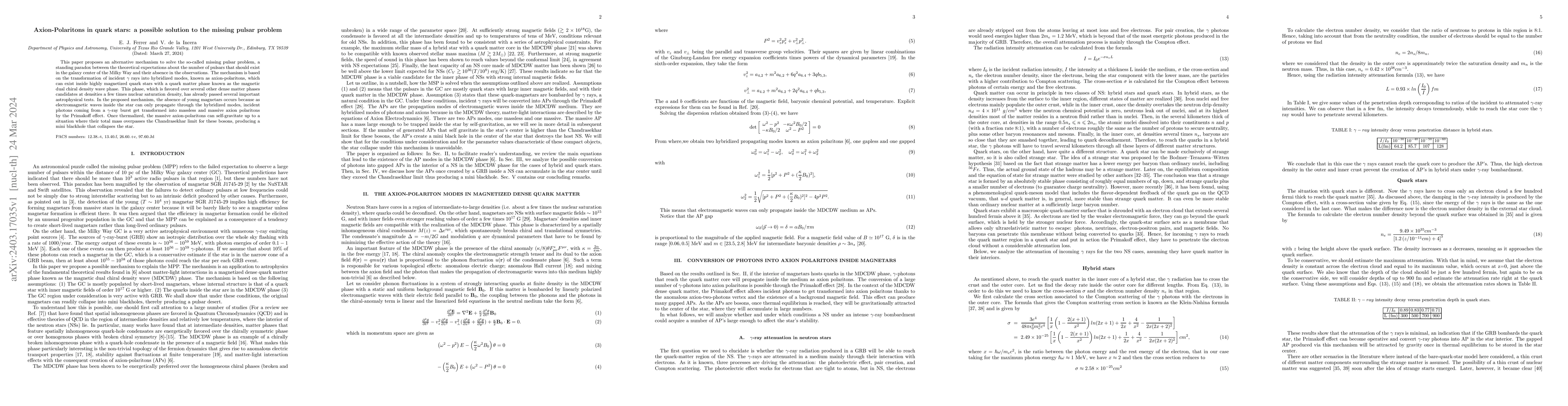 Thumbnail for Axion-Polaritons in quark stars: a possible solution to the missing
  pulsar problem