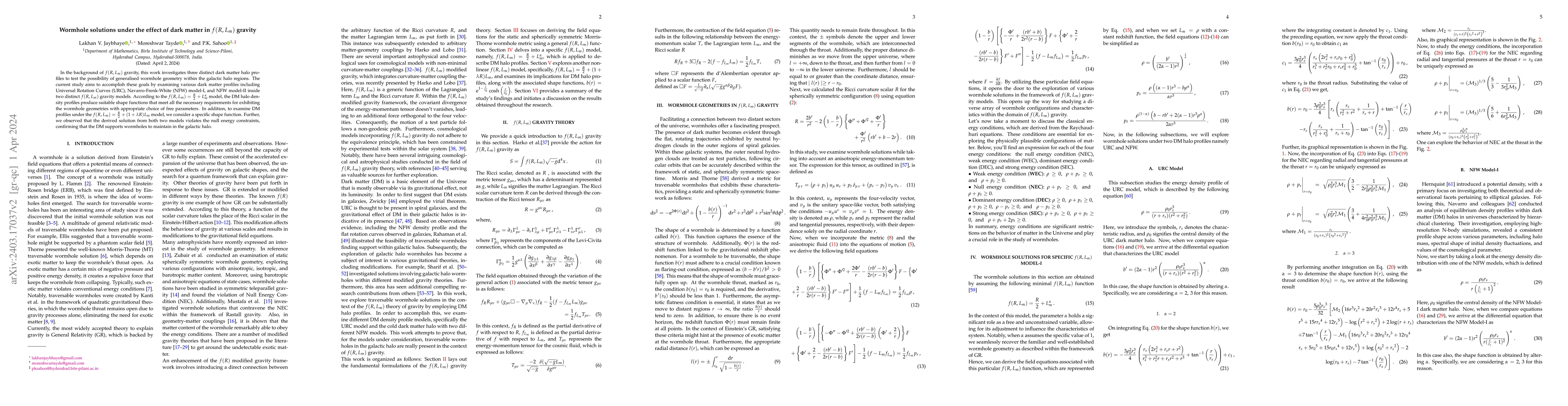 Thumbnail for Wormhole solutions under the effect of dark matter in $f(R,L_m)$ gravity
