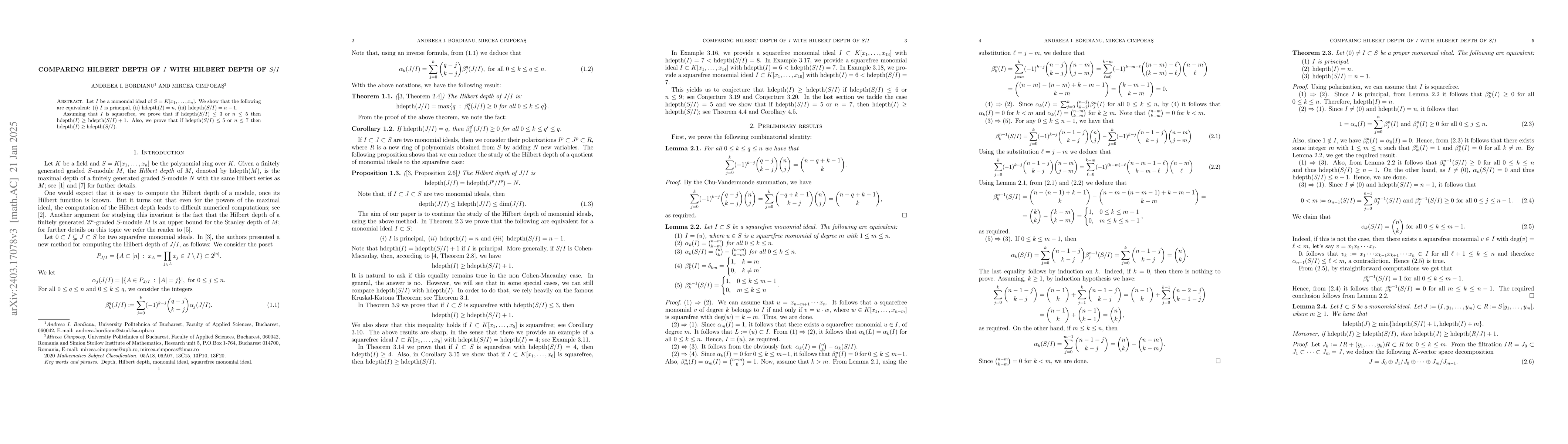 Thumbnail for Comparing Hilbert depth of $I$ with Hilbert depth of $S/I$