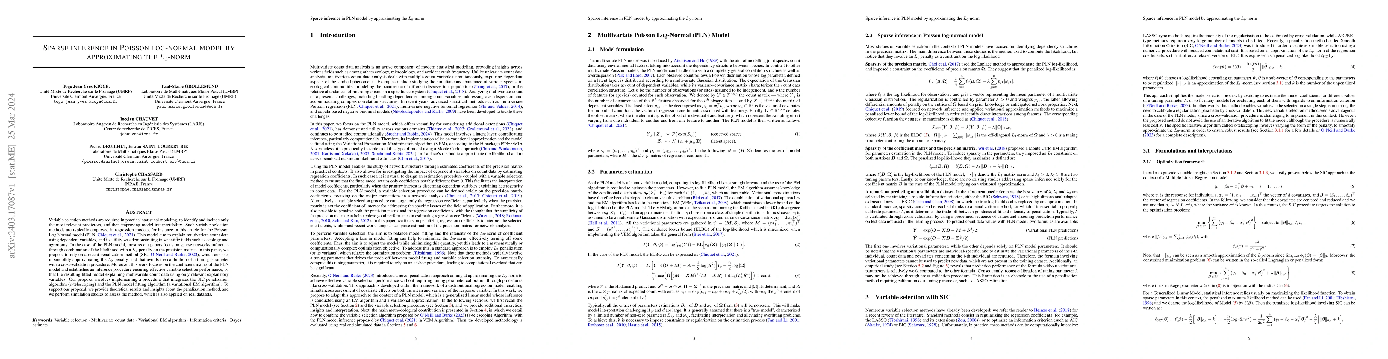 Thumbnail for Sparse inference in Poisson Log-Normal model by approximating the
  L0-norm