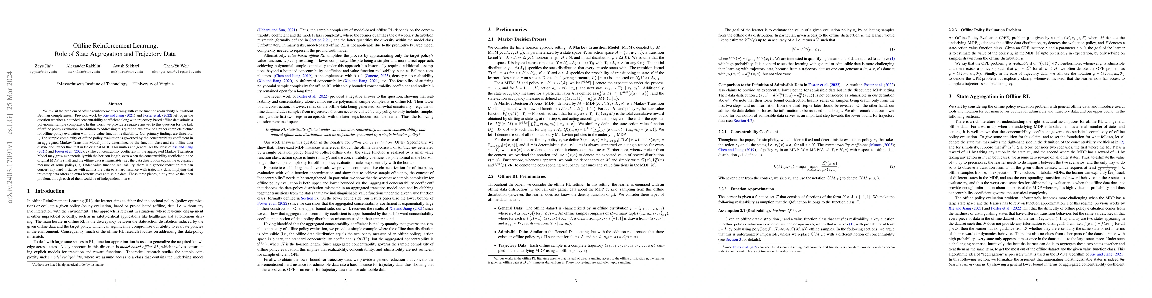 Thumbnail for Offline Reinforcement Learning: Role of State Aggregation and Trajectory
  Data