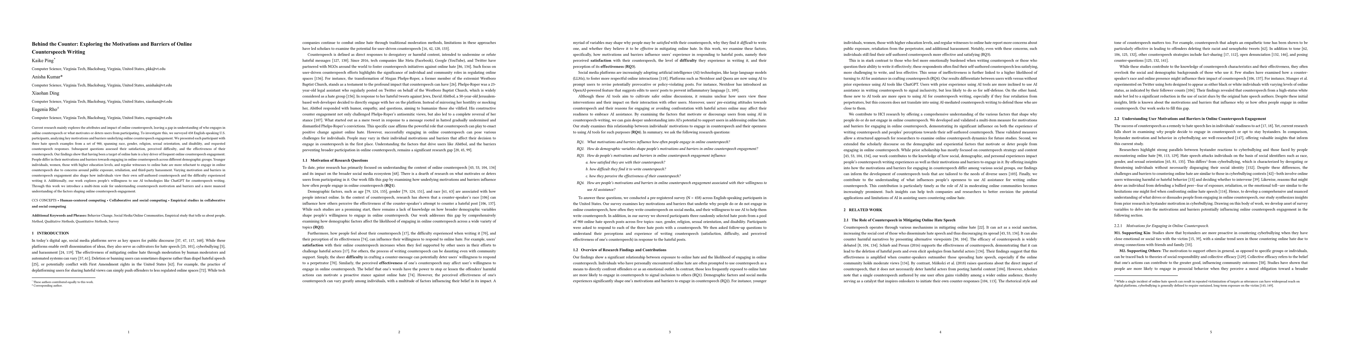Thumbnail for Behind the Counter: Exploring the Motivations and Barriers of Online
  Counterspeech Writing