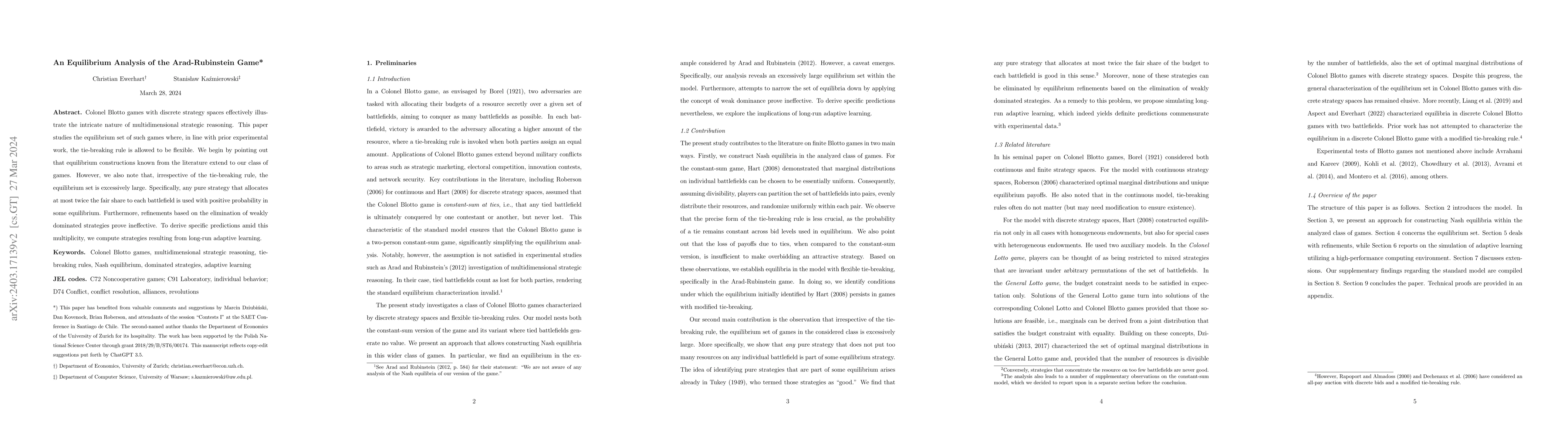 Thumbnail for An Equilibrium Analysis of the Arad-Rubinstein Game