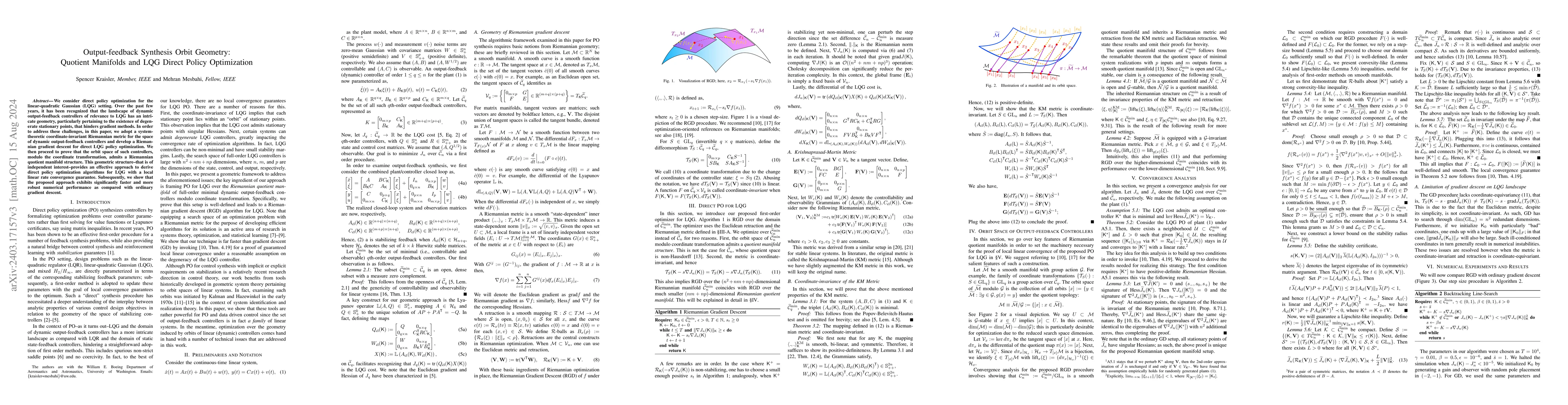 Thumbnail for Output-feedback Synthesis Orbit Geometry: Quotient Manifolds and LQG
  Direct Policy Optimization