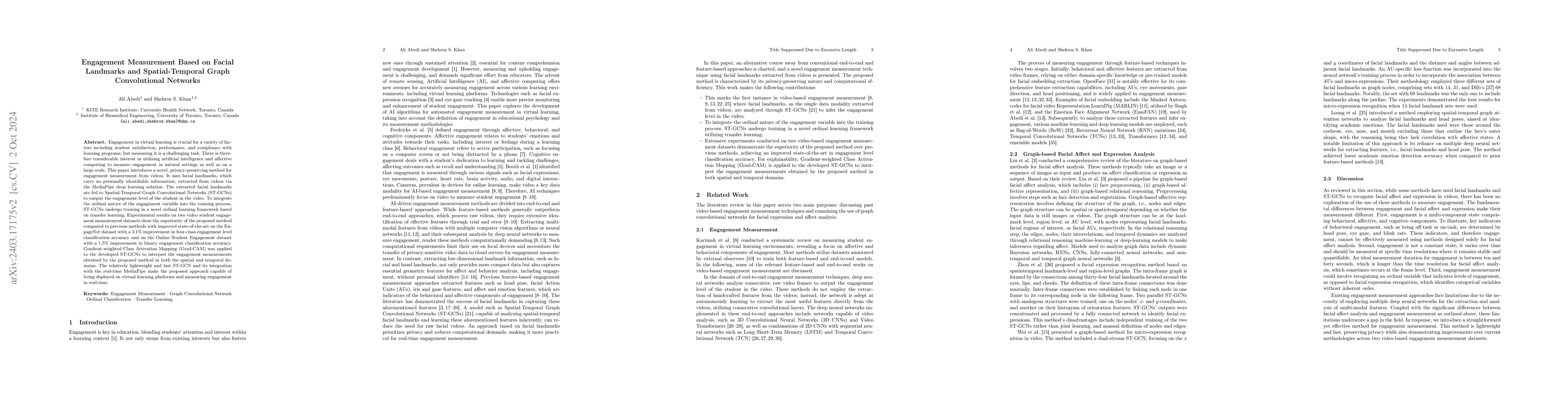 Thumbnail for Engagement Measurement Based on Facial Landmarks and Spatial-Temporal
  Graph Convolutional Networks