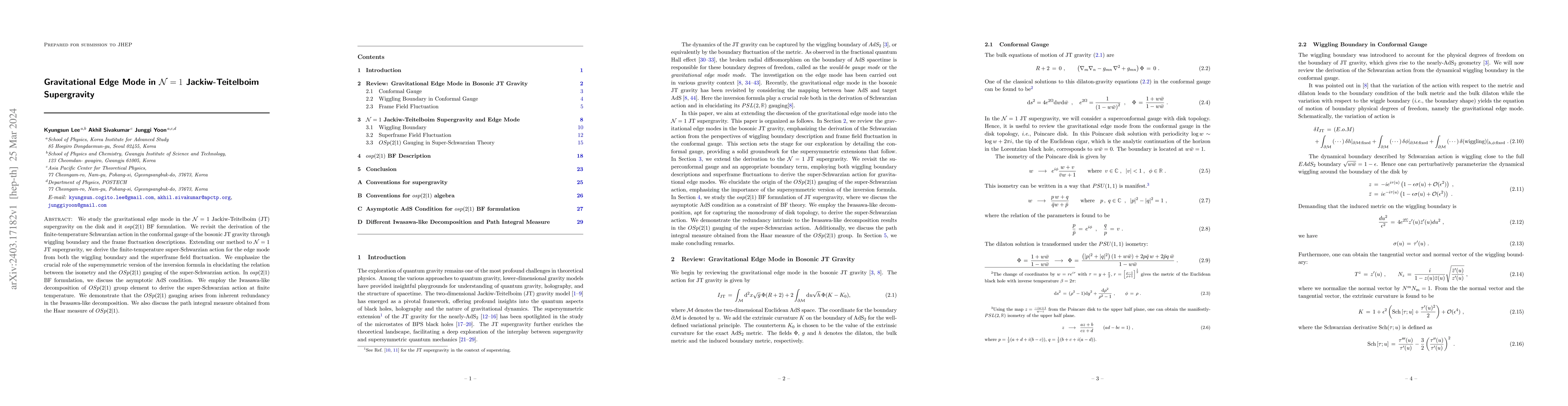 Thumbnail for Gravitational Edge Mode in $\mathcal{N}=1$ Jackiw-Teitelboim
  Supergravity