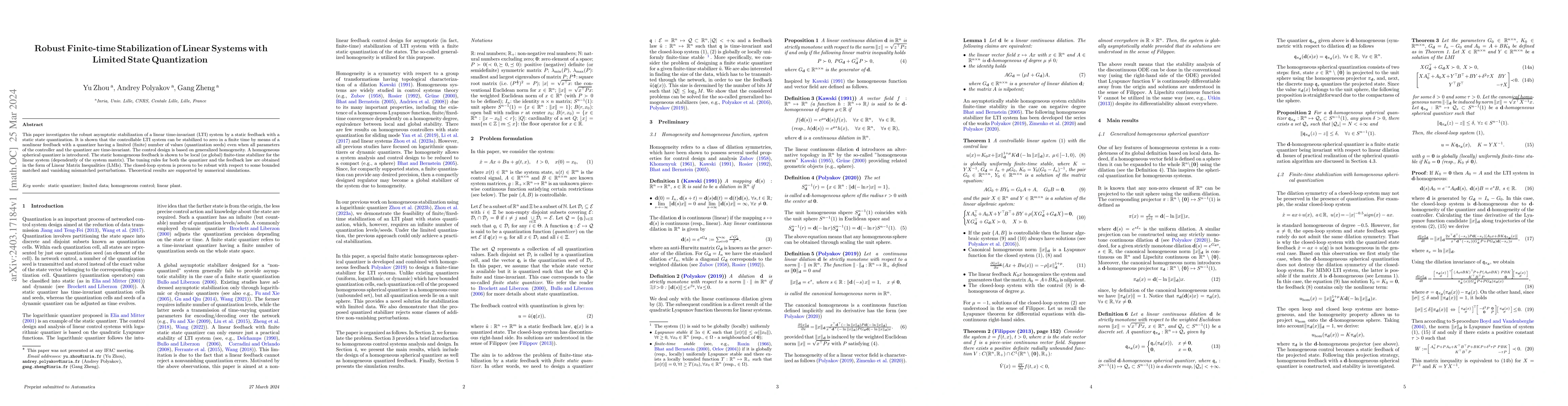 Thumbnail for Robust Finite-time Stabilization of Linear Systems with Limited State
  Quantization
