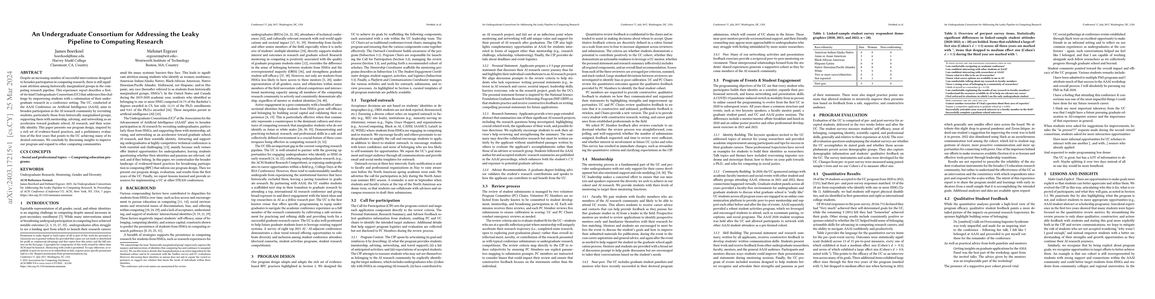 Thumbnail for An Undergraduate Consortium for Addressing the Leaky Pipeline to
  Computing Research