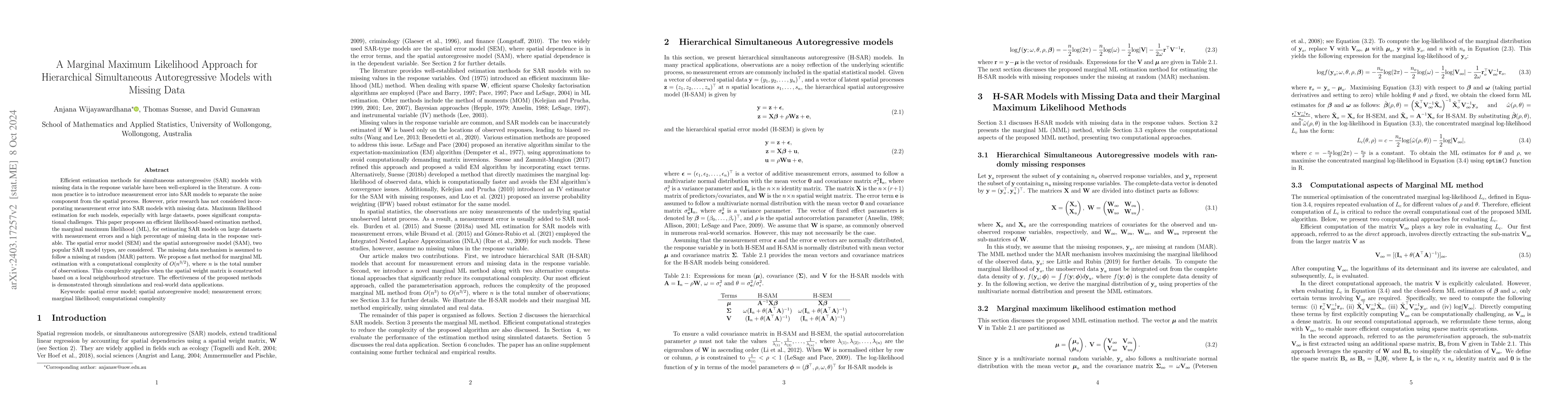 Thumbnail for Statistical Inference on Hierarchical Simultaneous Autoregressive Models
  with Missing Data