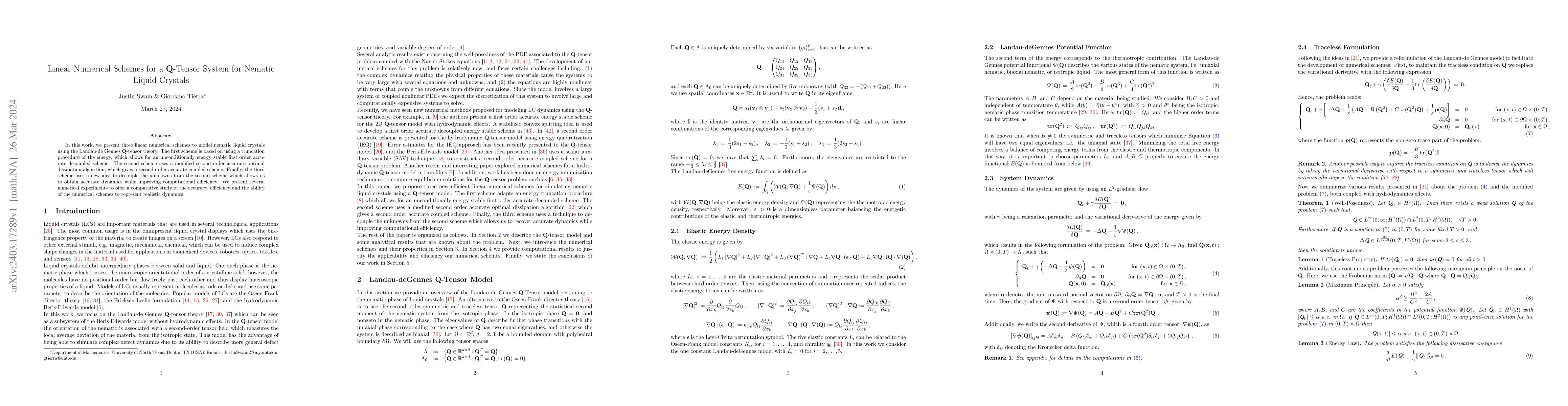 Thumbnail for Linear Numerical Schemes for a $\textbf{Q}$-Tensor System for Nematic
  Liquid Crystals