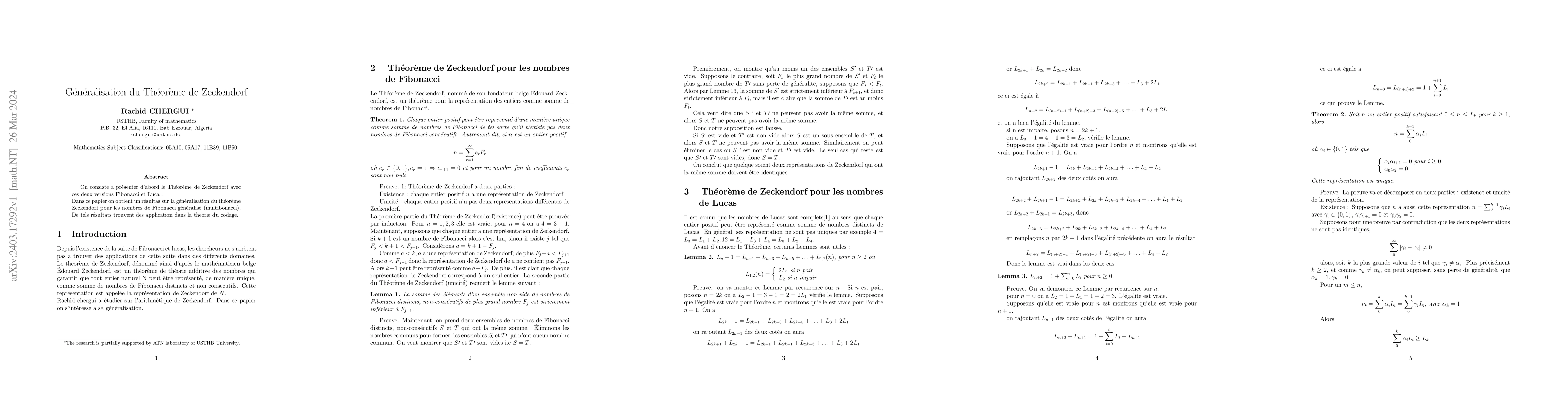 Thumbnail for G\'en\'eralisation du Th\'eor\`eme de Zeckendorf