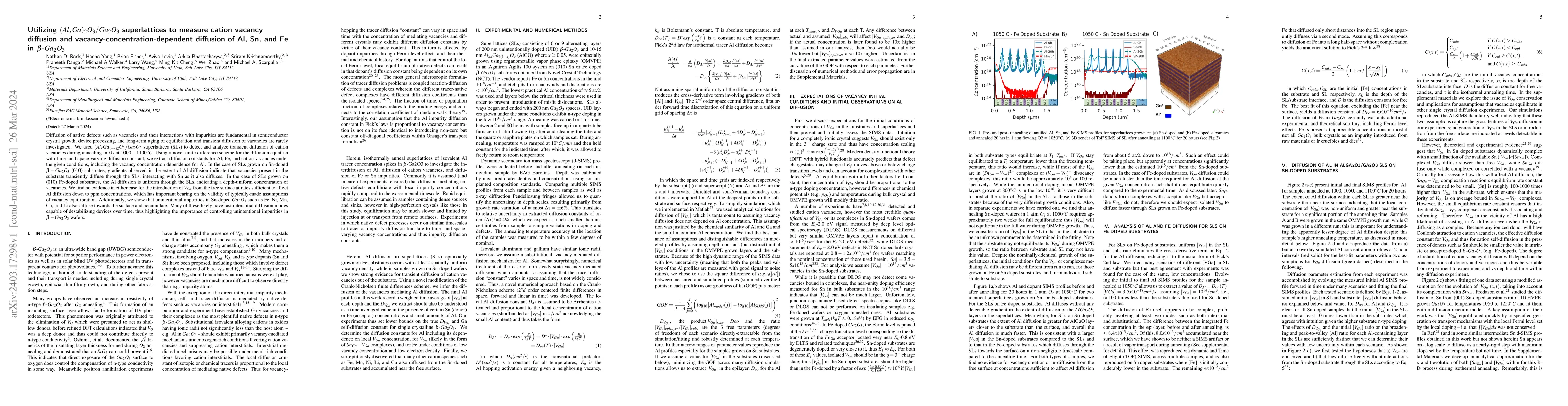 Thumbnail for Utilizing (Al, Ga)2O3/Ga2O3 superlattices to measure cation vacancy
  diffusion and vacancy-concentration-dependent diffusion of Al, Sn, and Fe in
  \b{eta} -Ga2O3