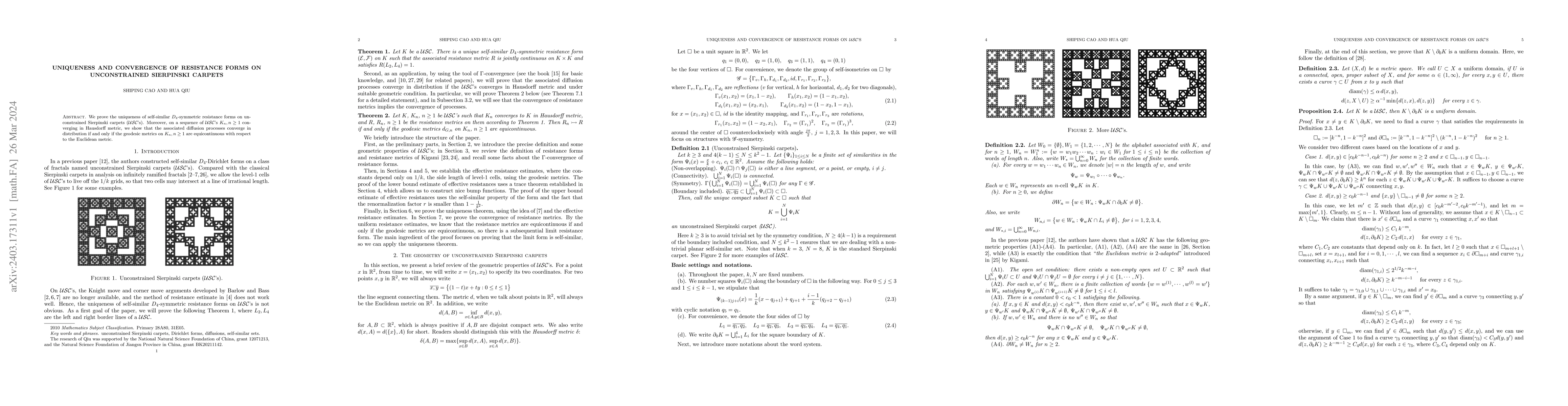 Thumbnail for Uniqueness and convergence of resistance forms on unconstrained
  Sierpinski carpets