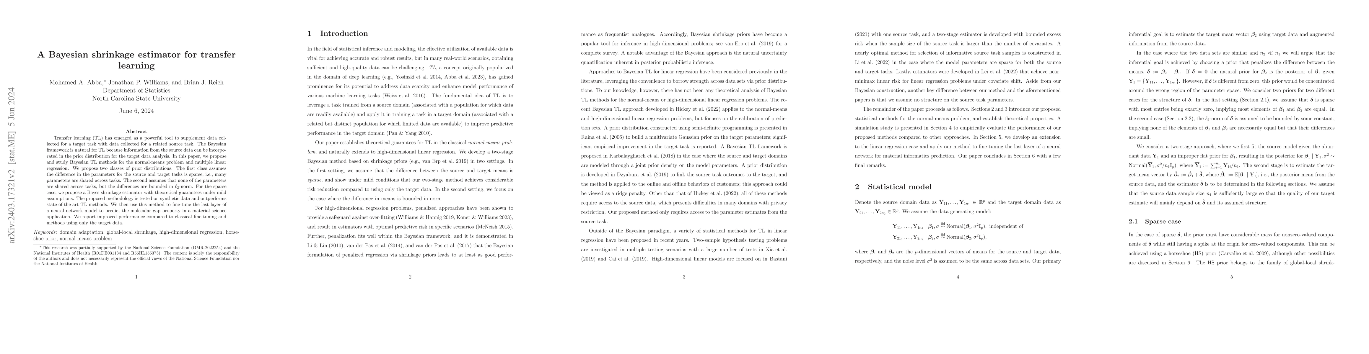 Thumbnail for A Bayesian shrinkage estimator for transfer learning