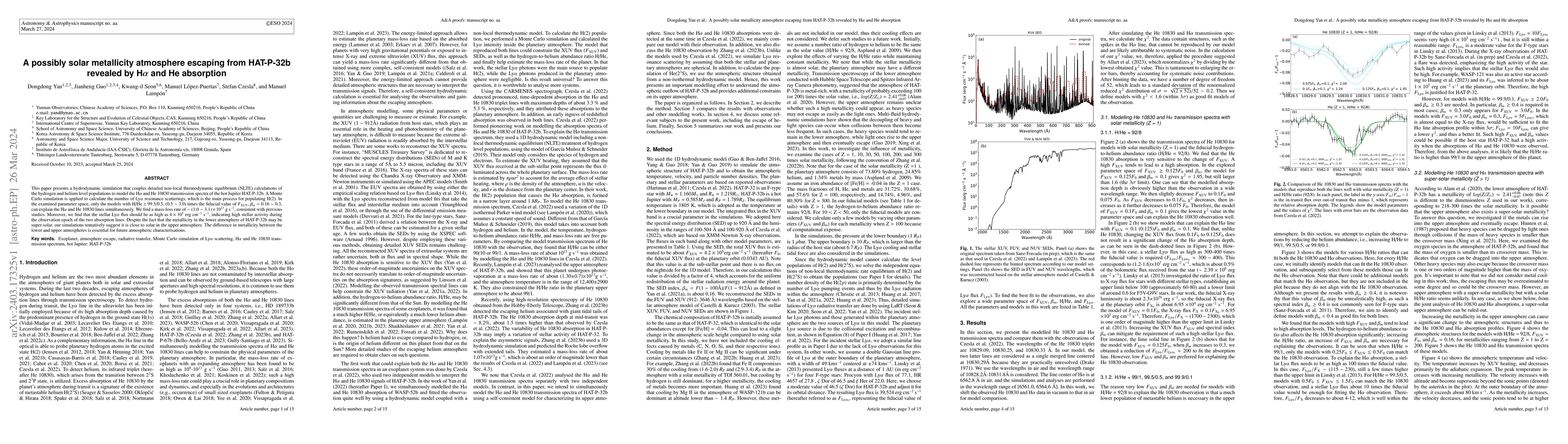Thumbnail for A possibly solar metallicity atmosphere escaping from HAT-P-32b revealed
  by H$\alpha$ and He absorption