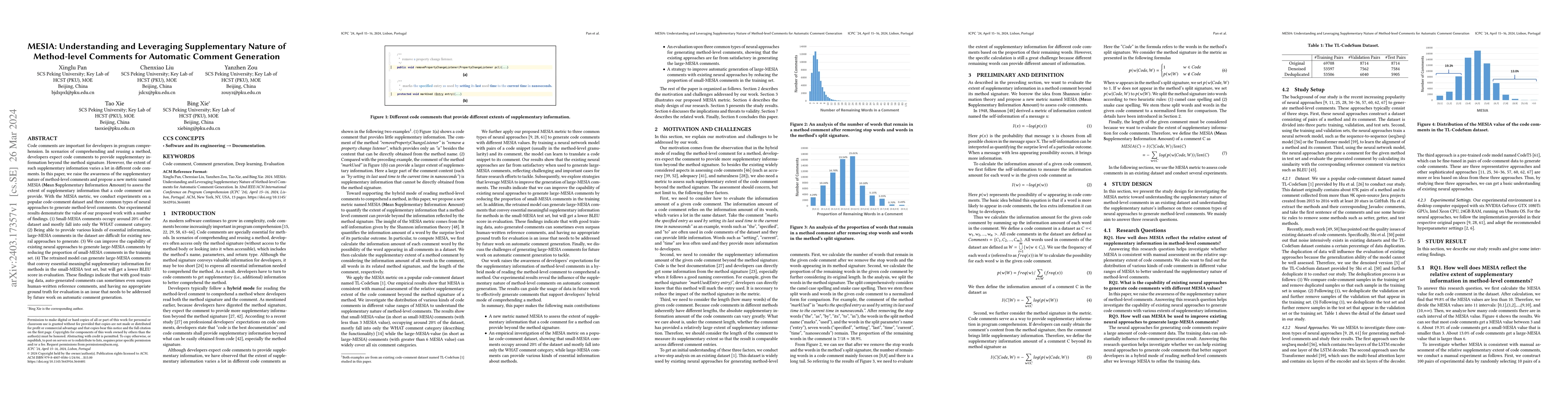 Thumbnail for MESIA: Understanding and Leveraging Supplementary Nature of Method-level
  Comments for Automatic Comment Generation