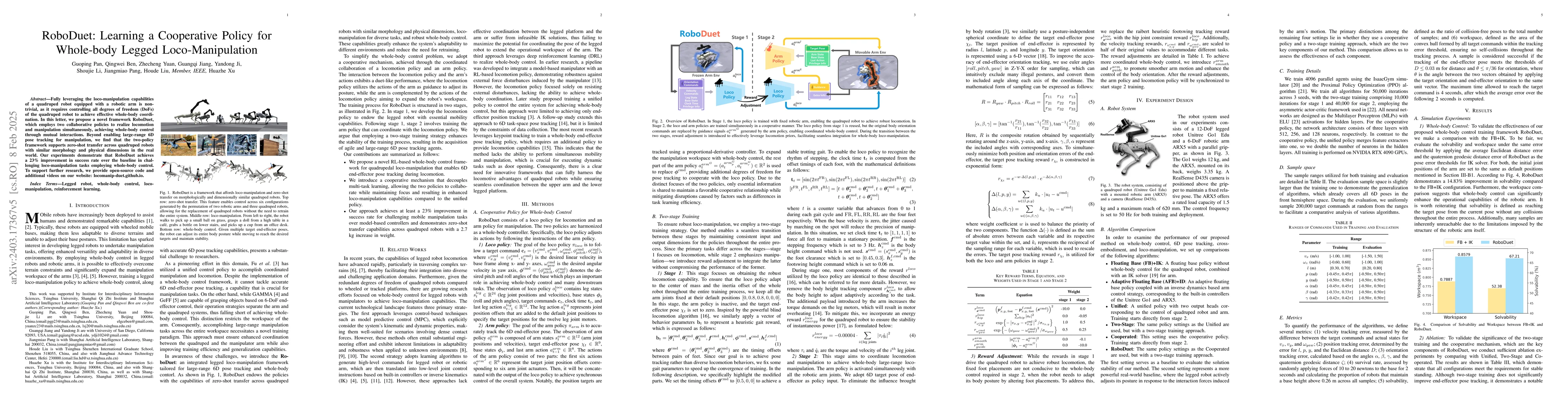 Thumbnail for RoboDuet: A Framework Affording Mobile-Manipulation and Cross-Embodiment