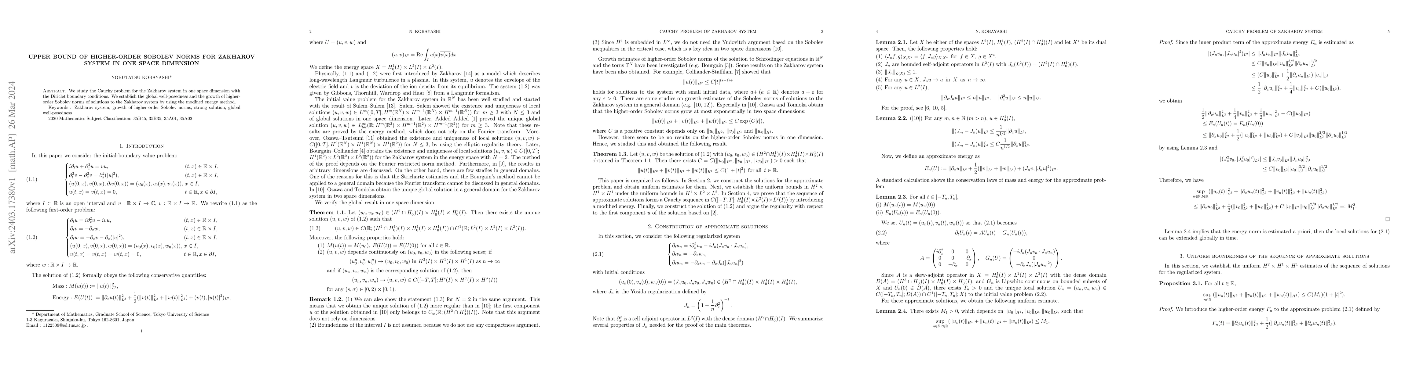 Thumbnail for Upper bound of higher-order Sobolev norms for Zkaharov system in one
  space dimension
