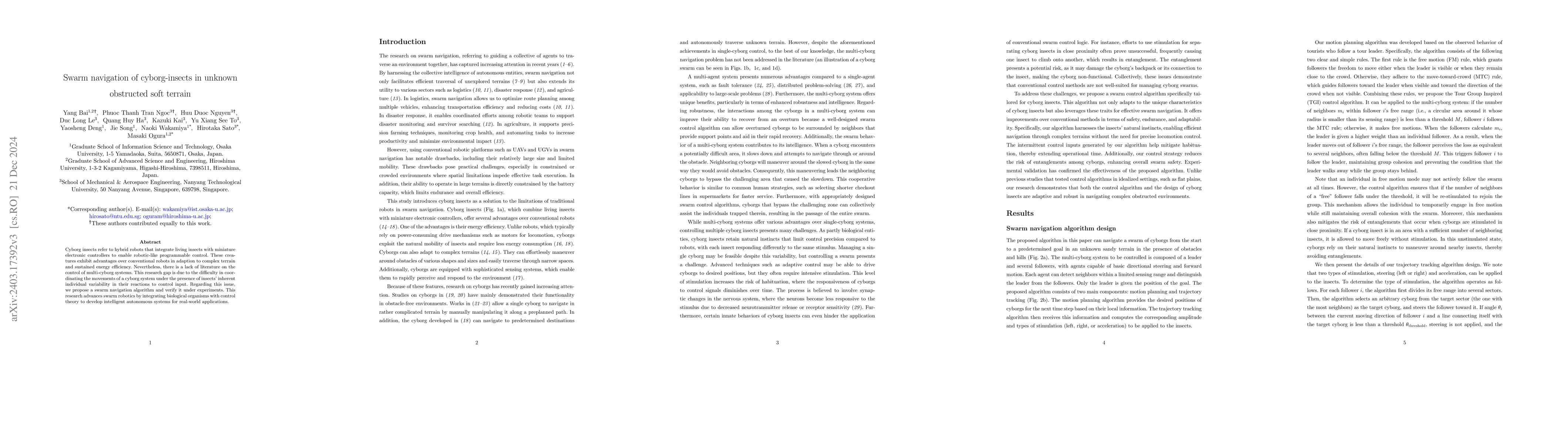 Thumbnail for Natural-artificial hybrid swarm: Cyborg-insect group navigation in
  unknown obstructed soft terrain