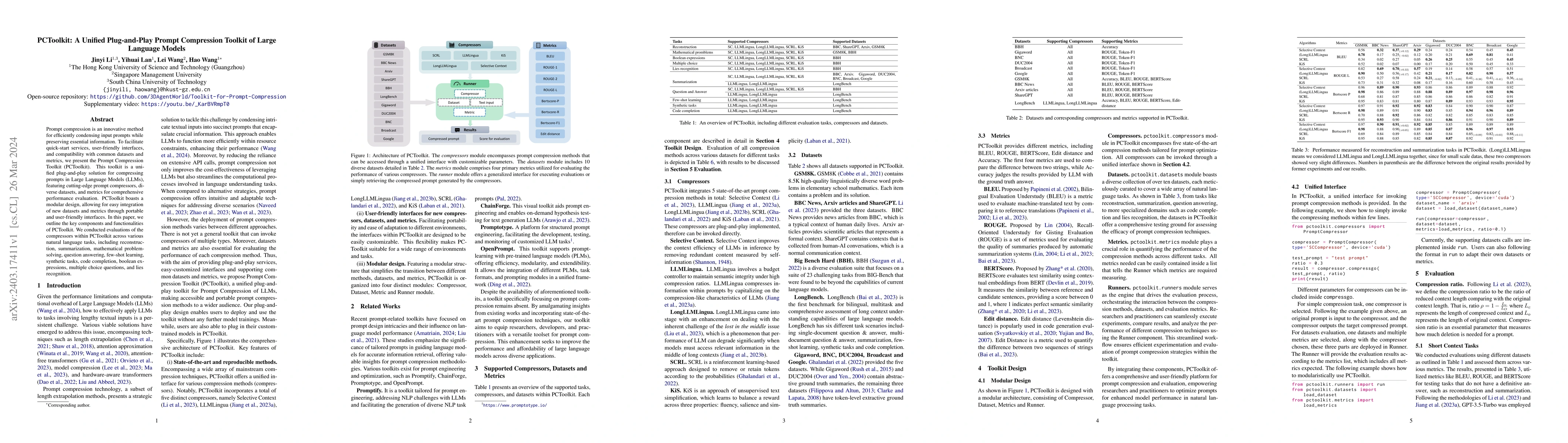 Thumbnail for PCToolkit: A Unified Plug-and-Play Prompt Compression Toolkit of Large
  Language Models