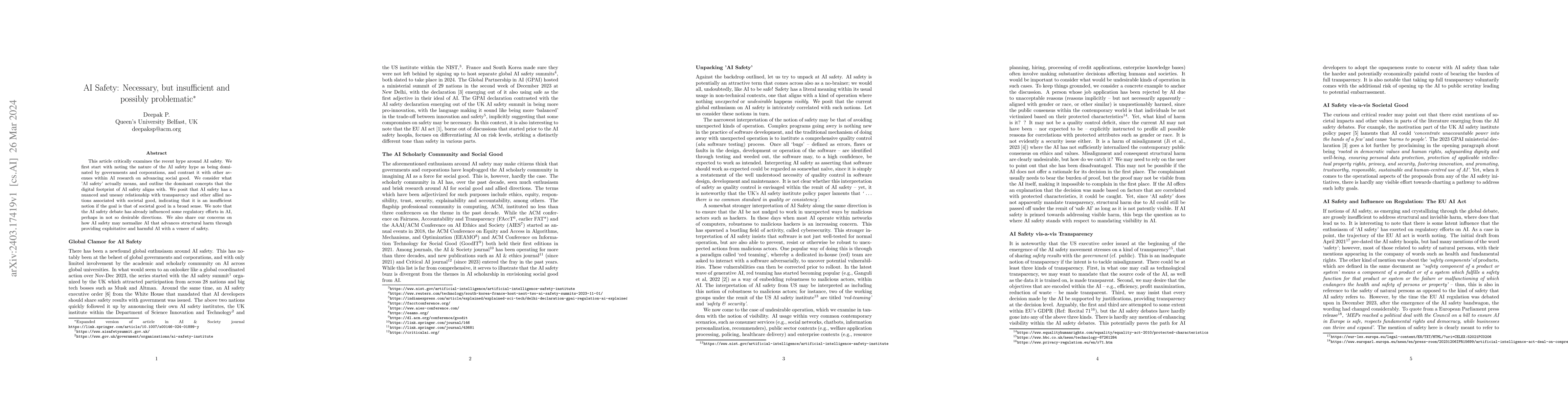 Thumbnail for AI Safety: Necessary, but insufficient and possibly problematic