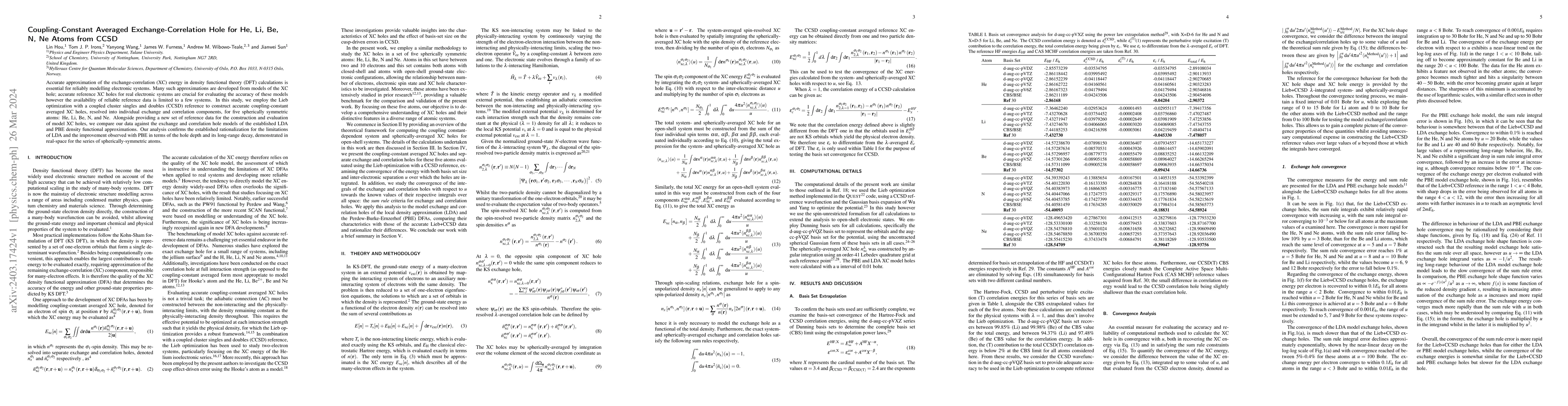 Thumbnail for Coupling-Constant Averaged Exchange-Correlation Hole for He, Li, Be, N,
  Ne Atoms from CCSD