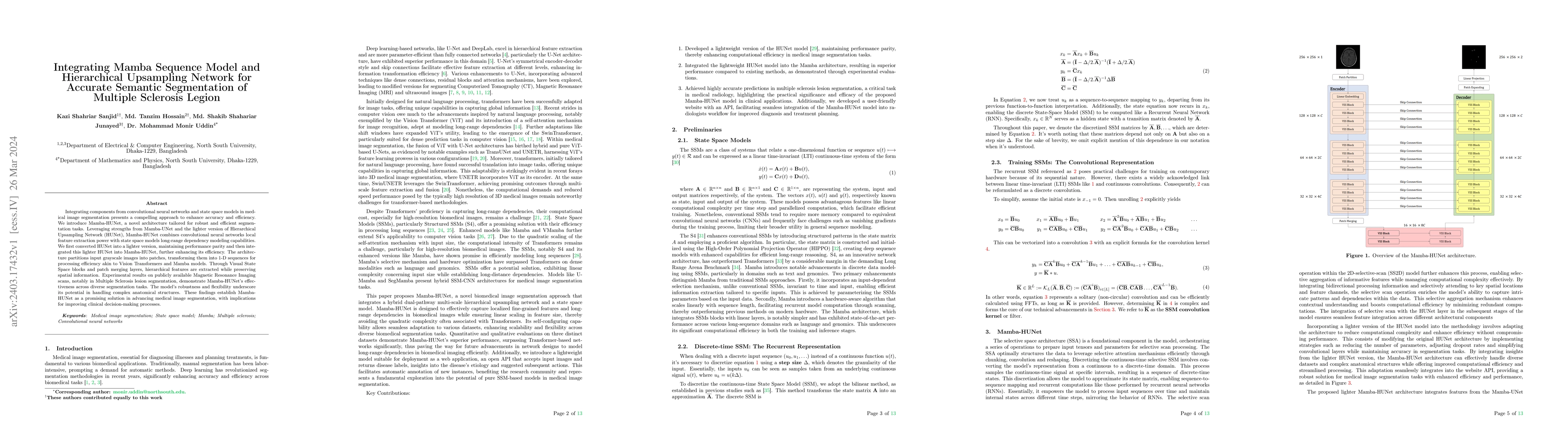 Thumbnail for Integrating Mamba Sequence Model and Hierarchical Upsampling Network for
  Accurate Semantic Segmentation of Multiple Sclerosis Legion
