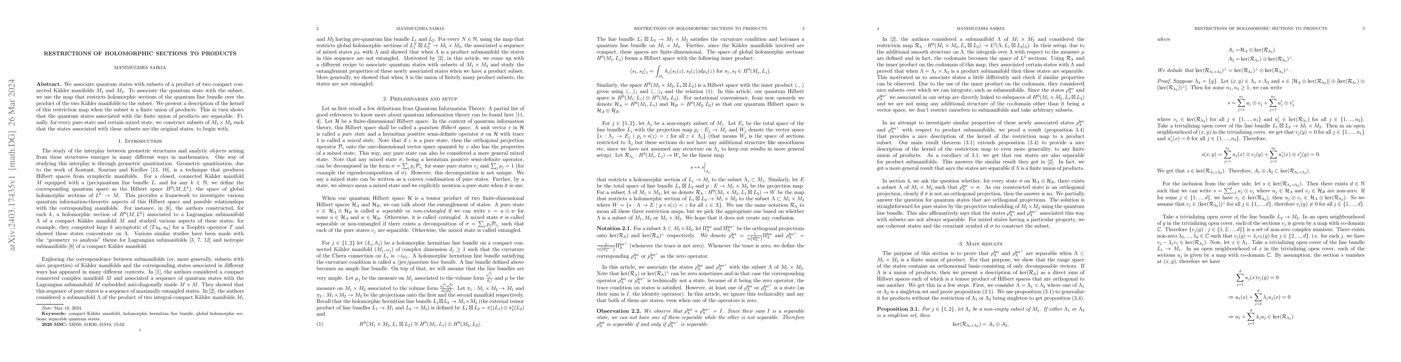 Thumbnail for Restrictions of holomorphic sections to products