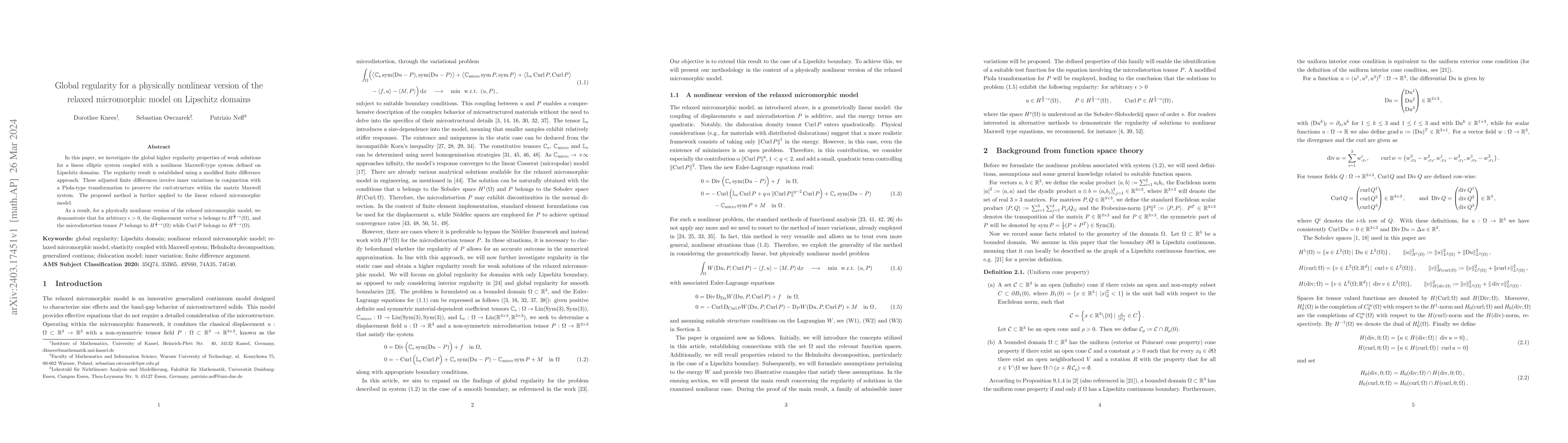 Thumbnail for Global regularity for a physically nonlinear version of the relaxed
  micromorphic model on Lipschitz domains