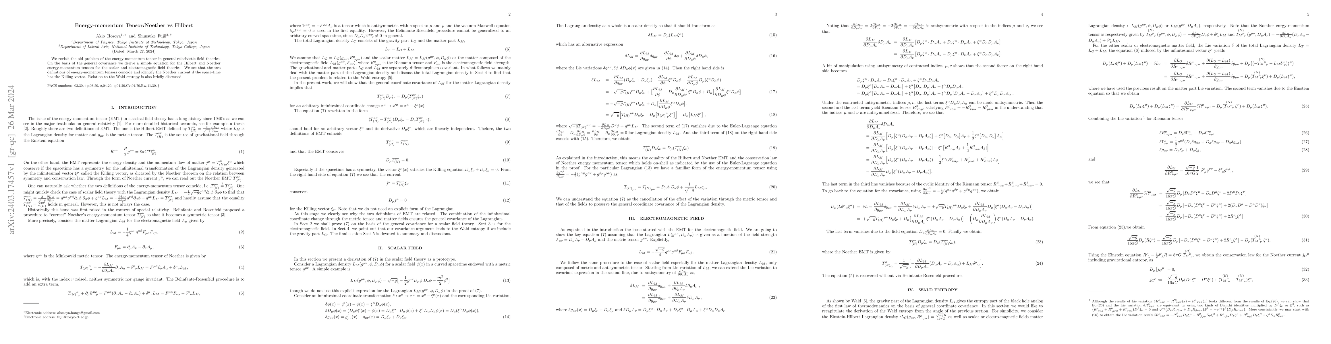 Thumbnail for Energy-momentum Tensor: Noether vs Hilbert