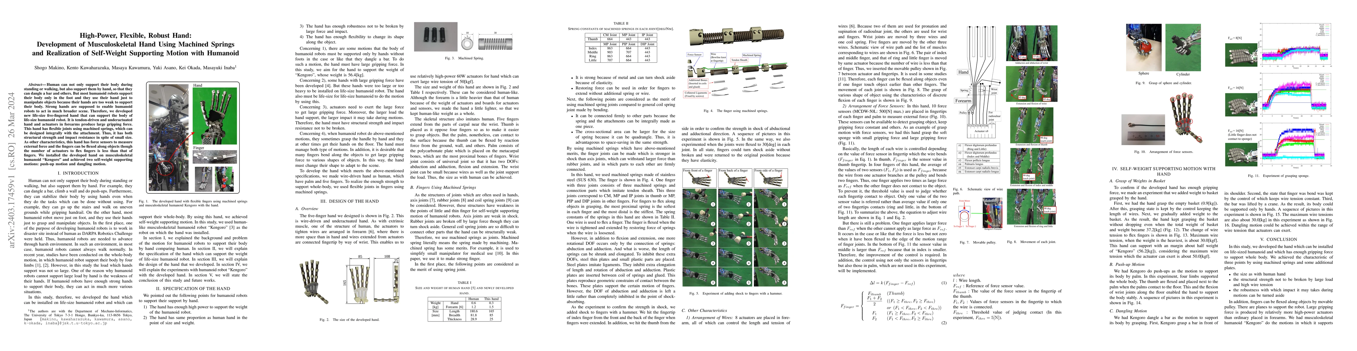 Thumbnail for High-Power, Flexible, Robust Hand: Development of Musculoskeletal Hand
  Using Machined Springs and Realization of Self-Weight Supporting Motion with
  Humanoid