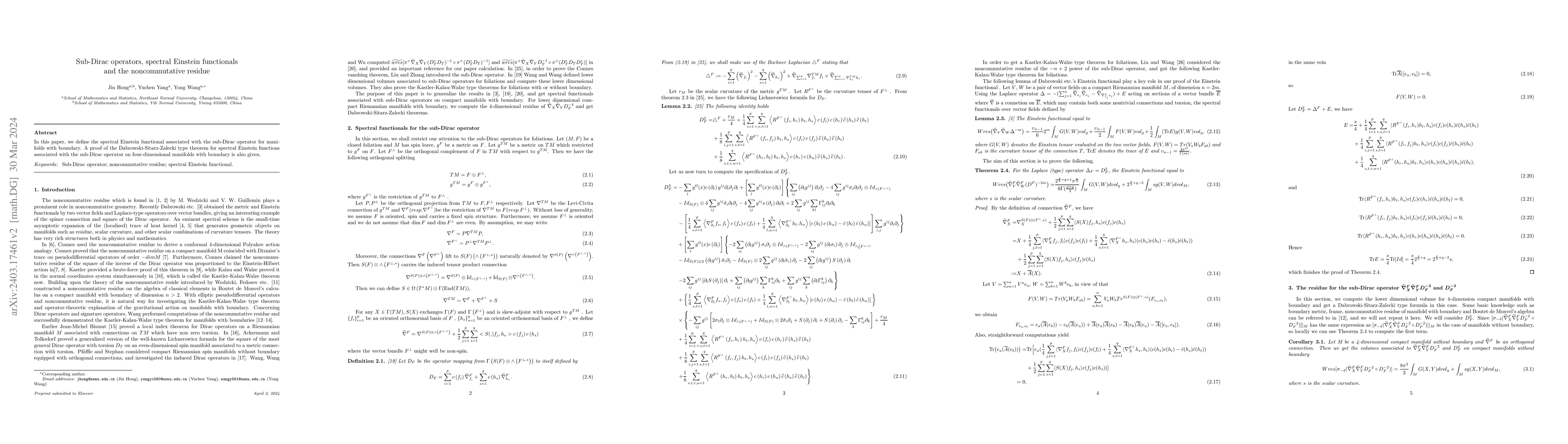Thumbnail for Sub-Dirac operators, spectral Einstein functionals and the
  noncommutative residue