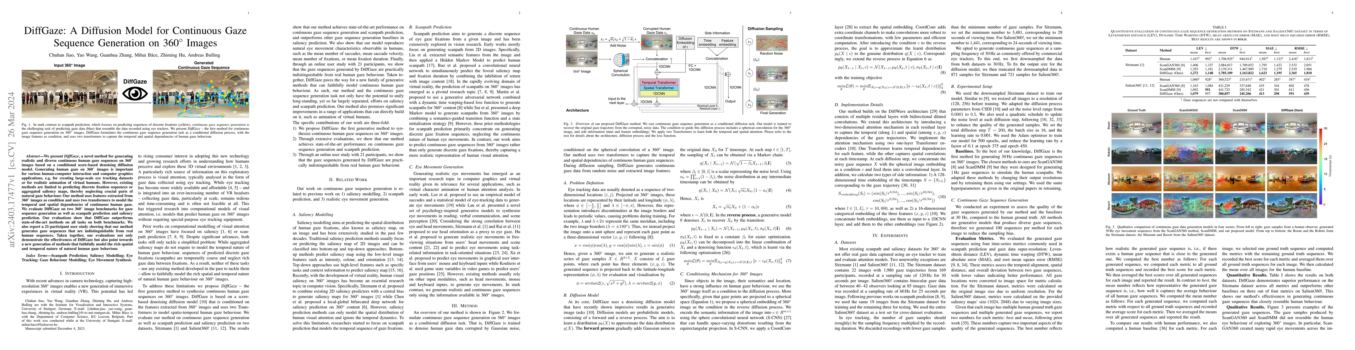 Thumbnail for DiffGaze: A Diffusion Model for Continuous Gaze Sequence Generation on
  360{\deg} Images