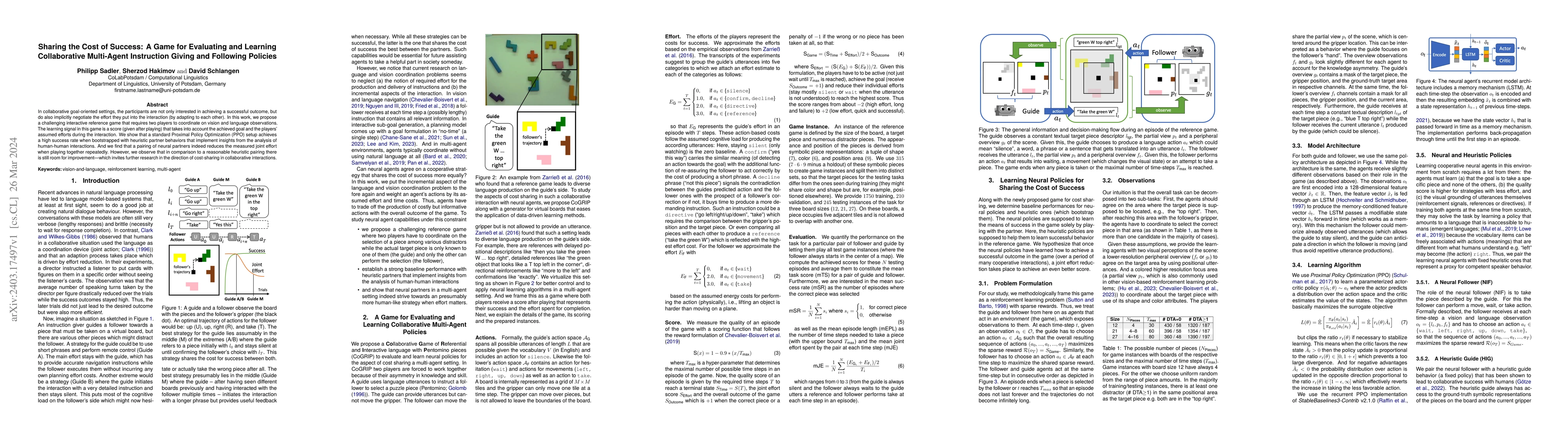Thumbnail for Sharing the Cost of Success: A Game for Evaluating and Learning
  Collaborative Multi-Agent Instruction Giving and Following Policies