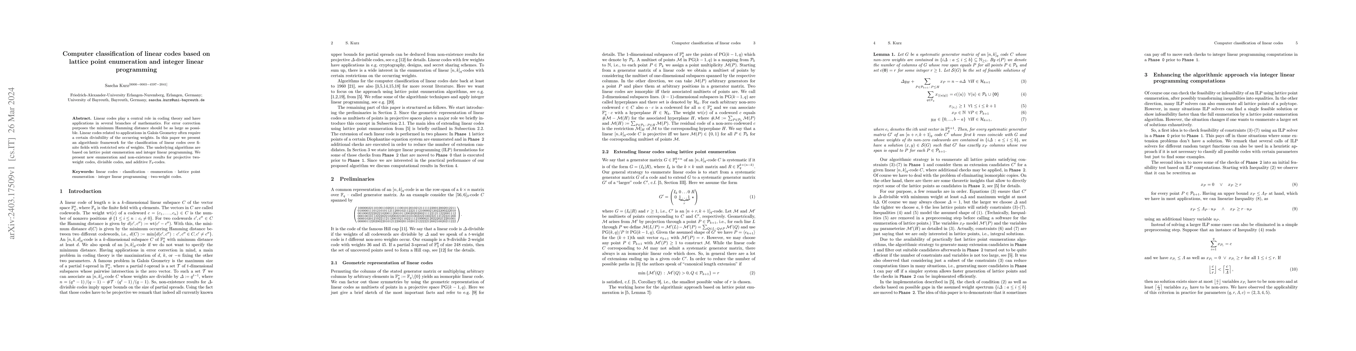 Thumbnail for Computer classification of linear codes based on lattice point
  enumeration and integer linear programming