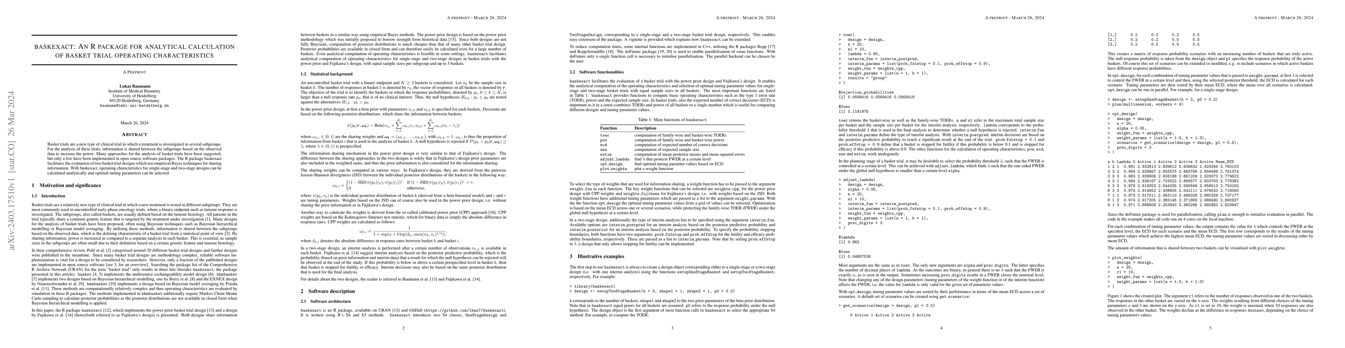 Thumbnail for baskexact: An R package for analytical calculation of basket trial
  operating characteristics