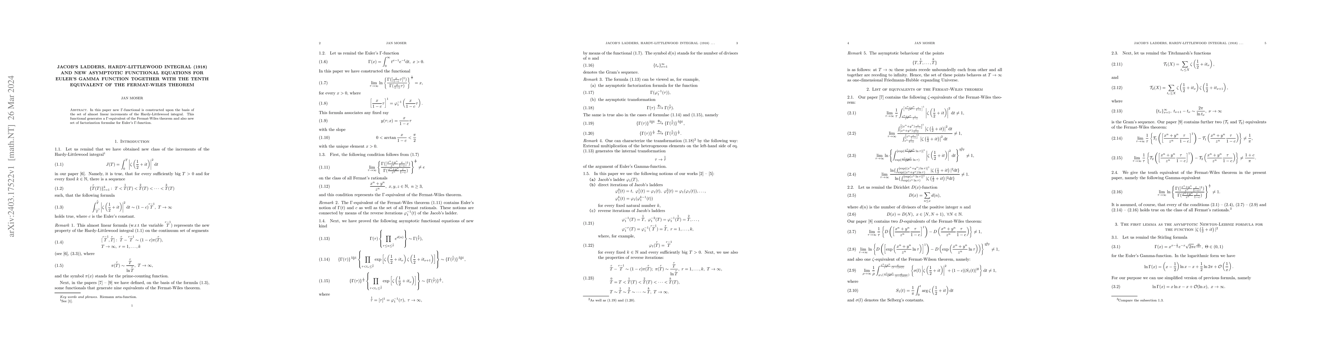 Thumbnail for Jacob's ladders, Hardy-Littlewood integral (1918) and new asymptotic
  functional equations for Euler's Gamma function together with the tenth
  equivalent of the Fermat-Wiles theorem