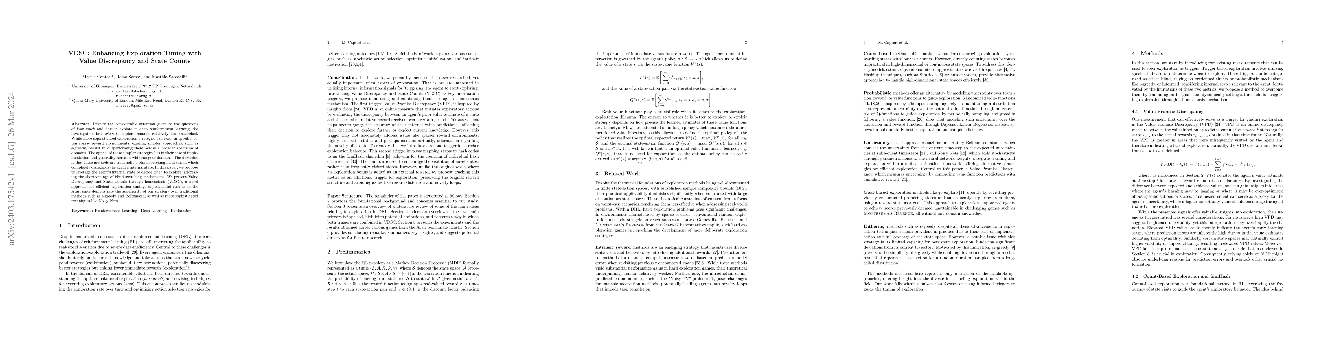 Thumbnail for VDSC: Enhancing Exploration Timing with Value Discrepancy and State
  Counts