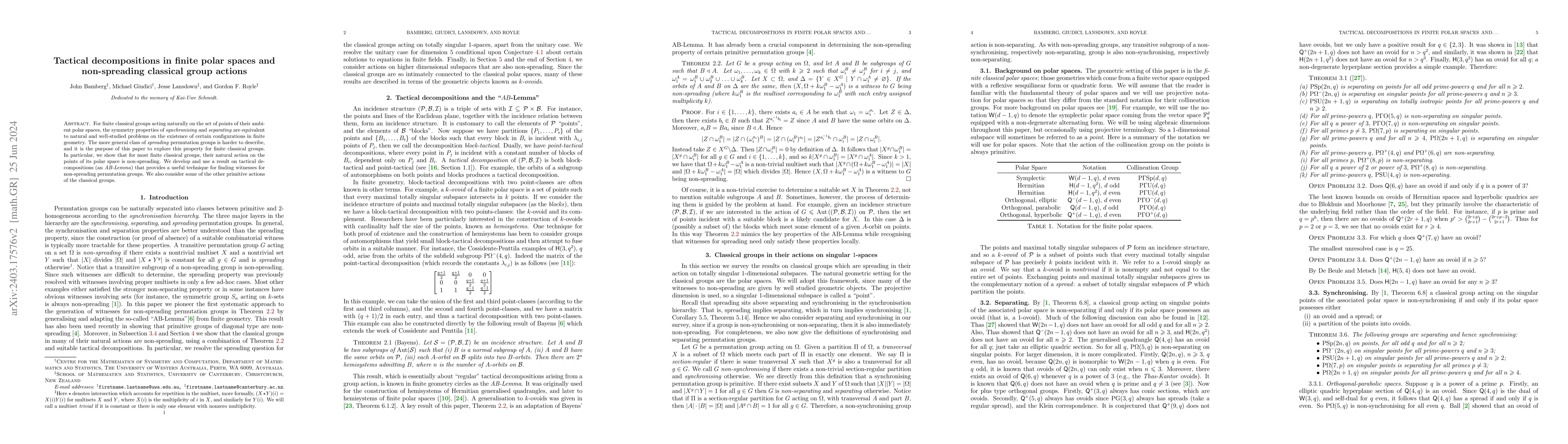 Thumbnail for Tactical decompositions in finite polar spaces and non-spreading
  classical group actions
