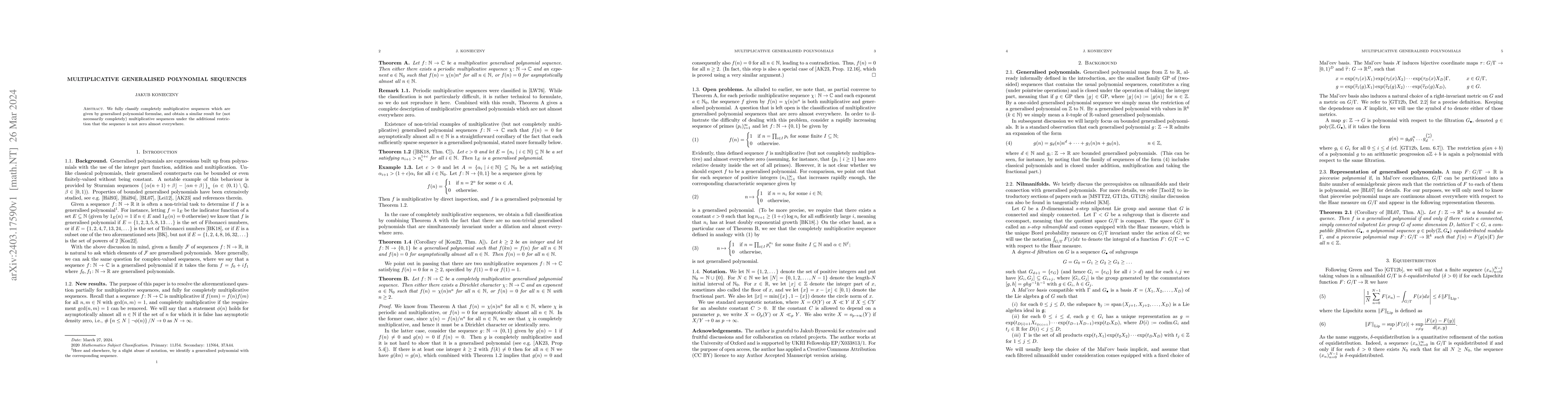 Thumbnail for Multiplicative generalised polynomial sequences