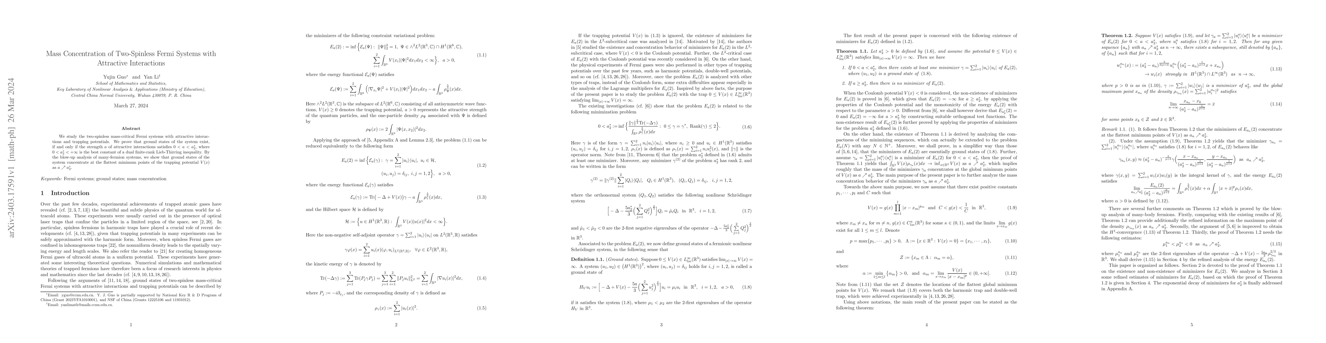 Thumbnail for Mass Concentration of Two-Spinless Fermi Systems with Attractive
  Interactions