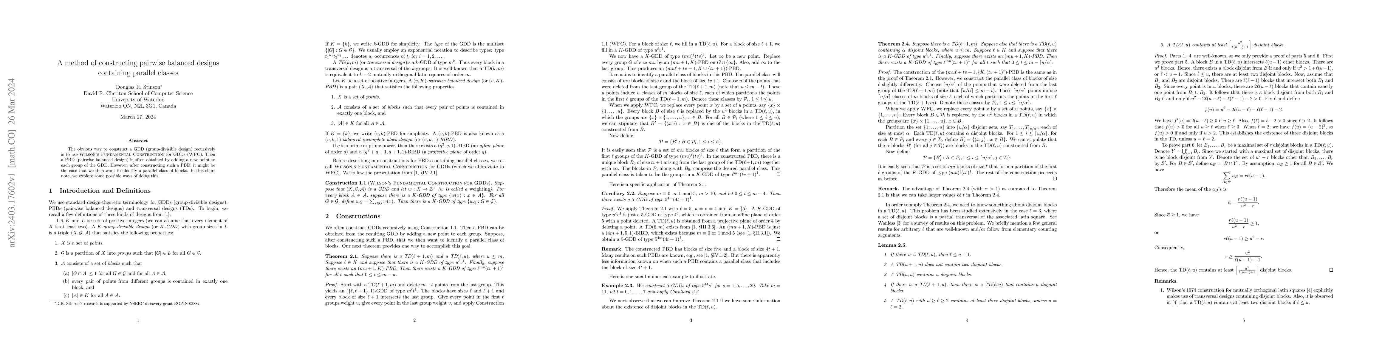 Thumbnail for A method of constructing pairwise balanced designs containing parallel
  classes