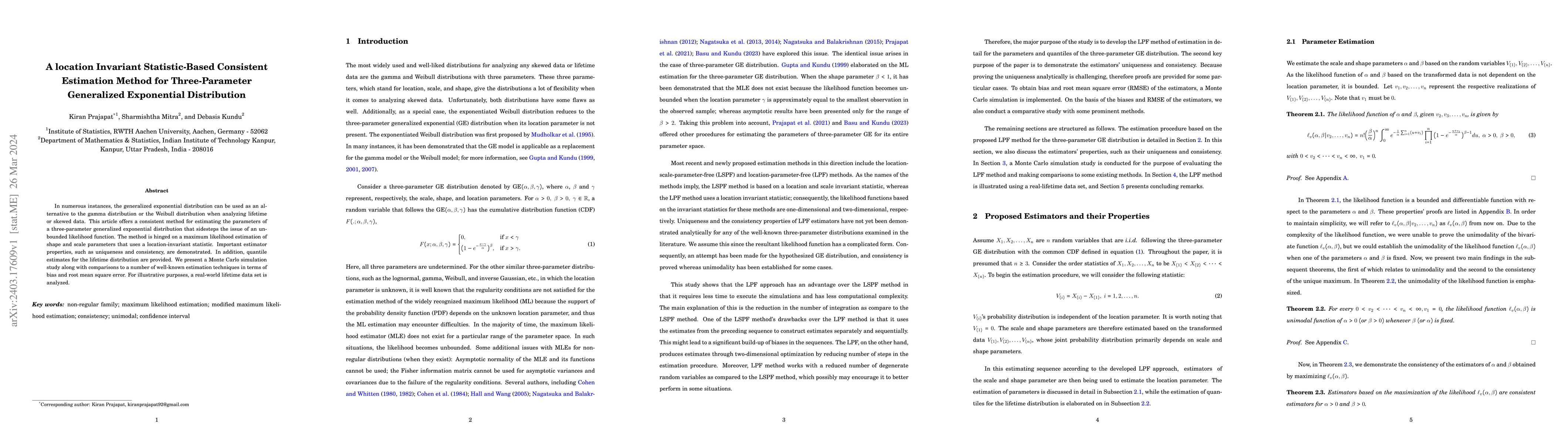 Thumbnail for A location Invariant Statistic-Based Consistent Estimation Method for
  Three-Parameter Generalized Exponential Distribution