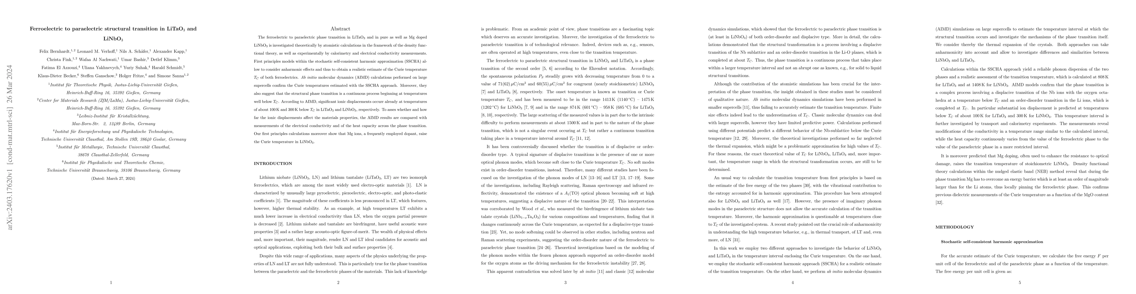 Thumbnail for Ferroelectric to paraelectric structural transition in LiTaO$_3$ and
  LiNbO$_3$