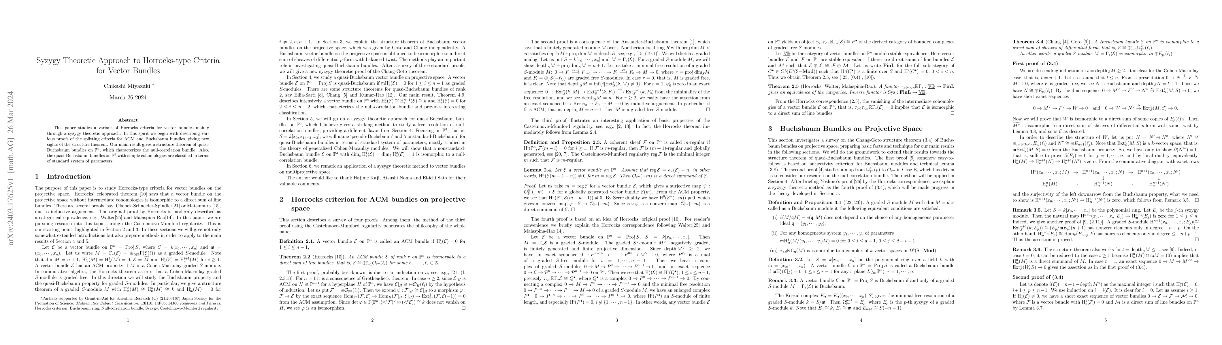 Thumbnail for Syzygy Theoretic Approach to Horrocks-type Criteria for Vector Bundles
